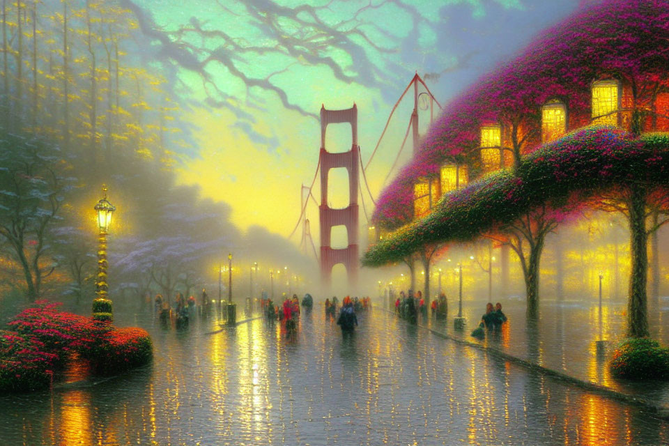 Colorful painting: Busy street at dusk with Golden Gate Bridge, lit street lamps, and pink bloss