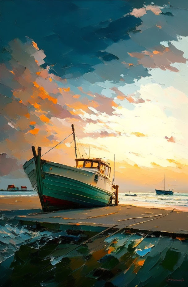 Colorful painting of green boat under sunset sky with dynamic brushstrokes.