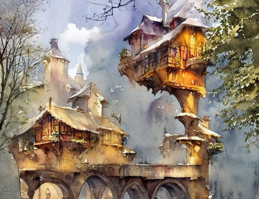 Whimsical watercolor painting of a fantasy treehouse and buildings