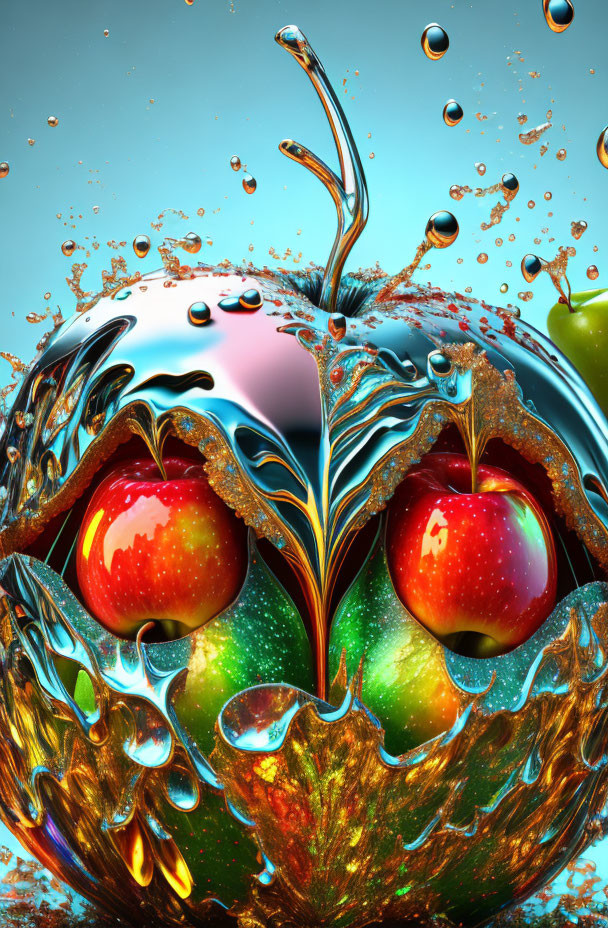 Colorful Digital Artwork: Shiny Apples in Liquid Gold Splash