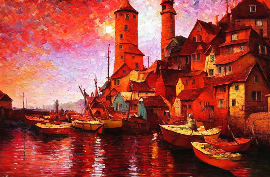 Scenic painting of fishing village at sunset with boats and historic buildings.