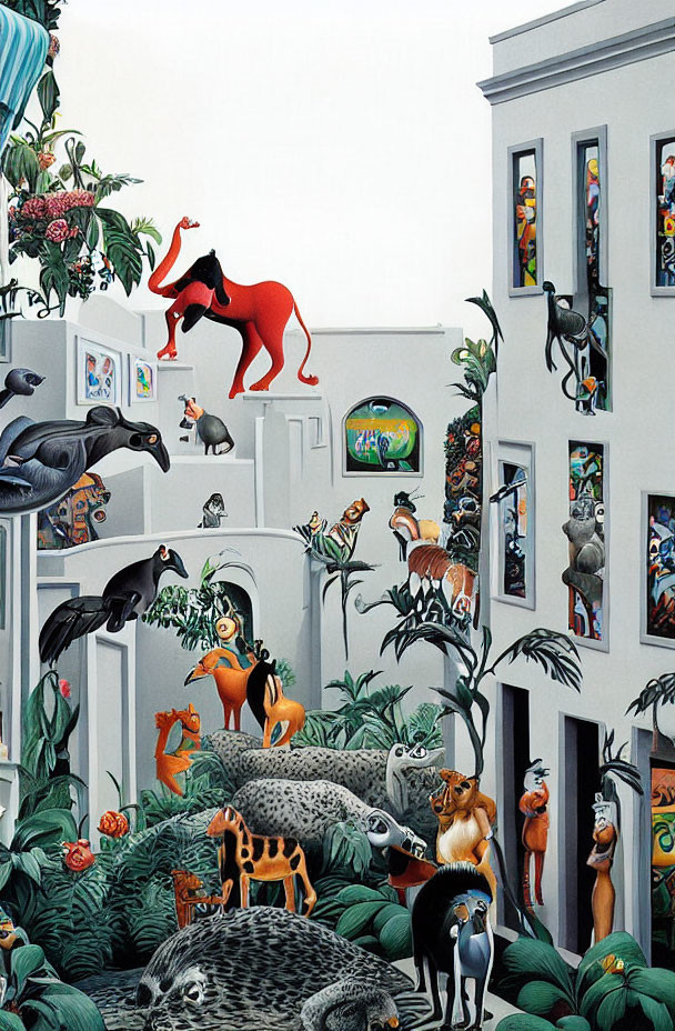 Colorful Animal Artwork in Surreal Indoor Jungle