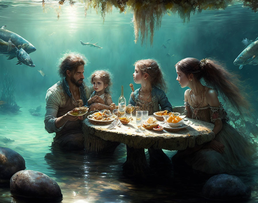 Man and Three Children Dining Underwater Surrounded by Fish