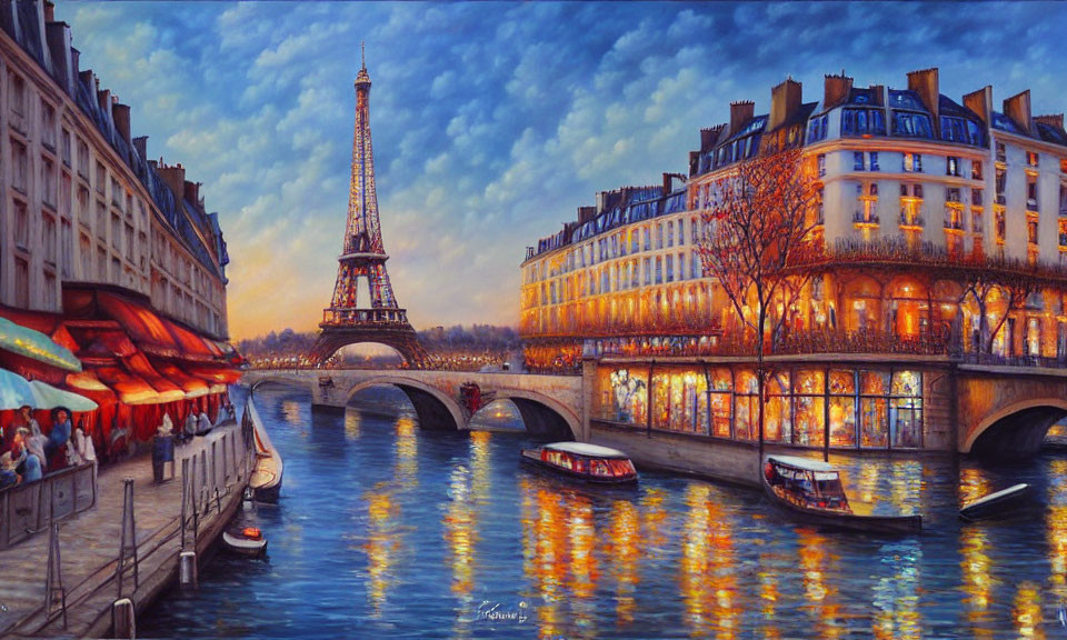 Scenic painting of Seine River with Eiffel Tower at dusk