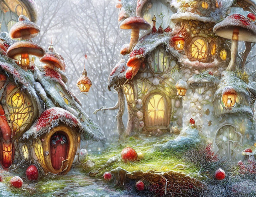 Snowy Landscape with Mushroom Houses and Frosted Trees Illuminated by Warm Glowing Windows