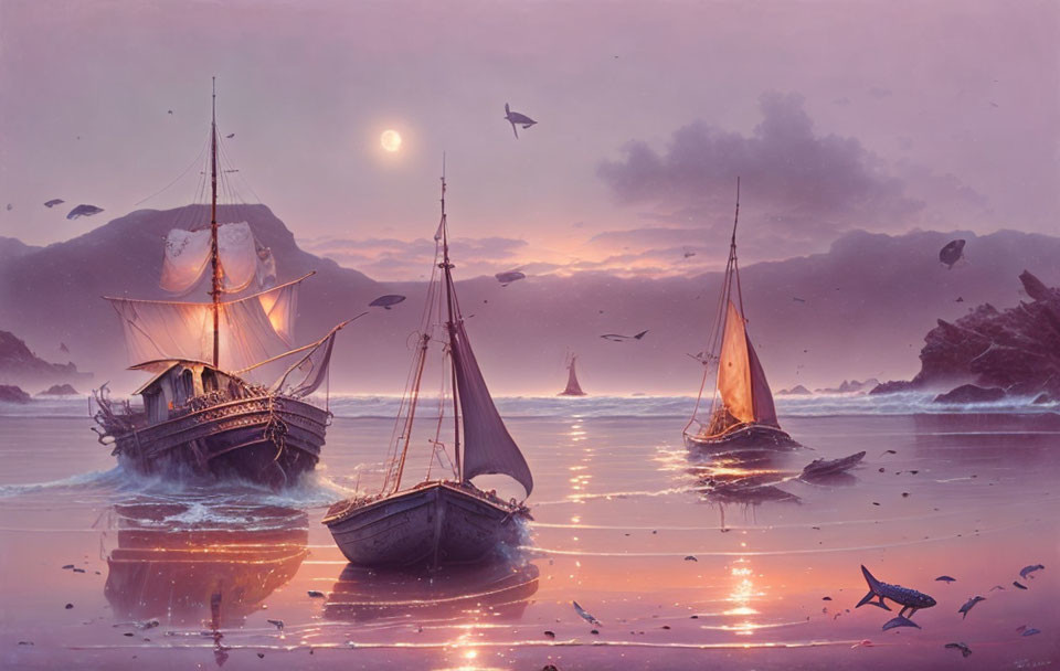 Sailing Ships on Tranquil Sea at Sunset with Birds and Shark Fins