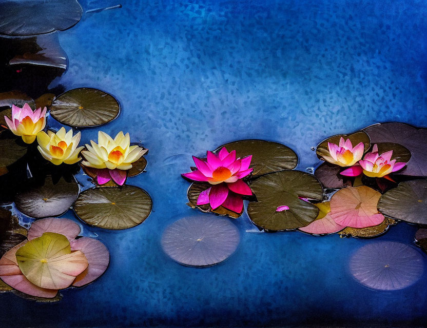 Vibrant Pink and Yellow Water Lilies on Blue Water Surface