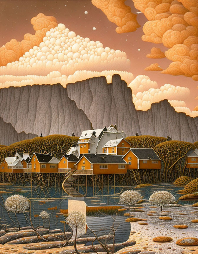 Stylized artwork of quaint village with orange houses on stilts, cliffs, textured sky, cum