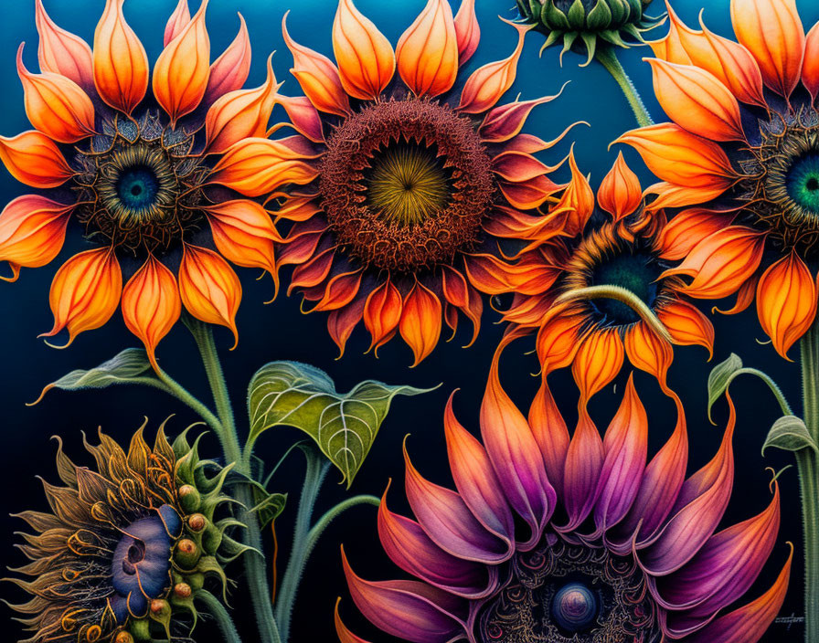 Colorful Sunflower Painting with Orange and Purple Hues on Dark Blue Background