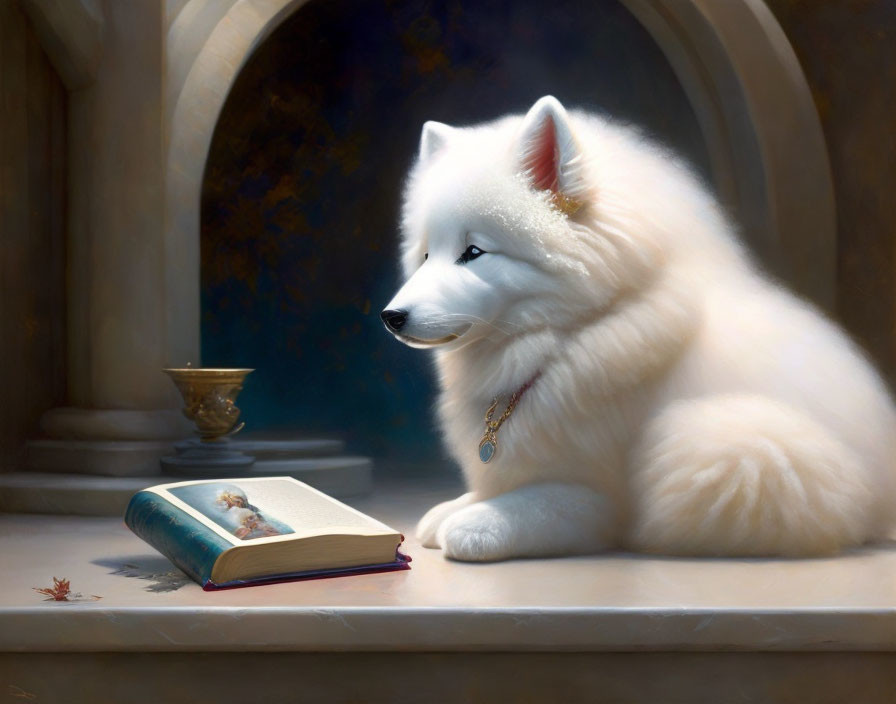 White Samoyed Dog Resting Beside Open Book on Marble Bench