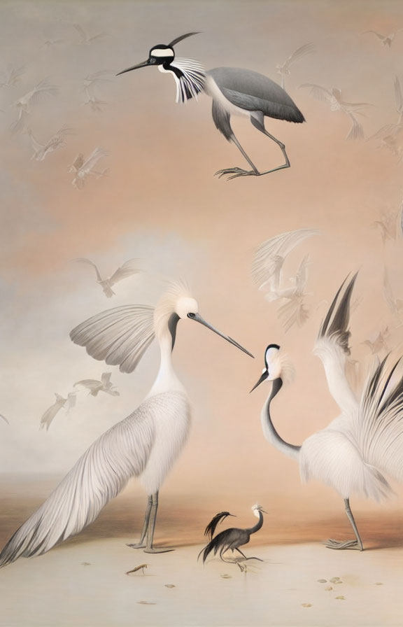 Various graceful birds in flight and standing positions on soft background