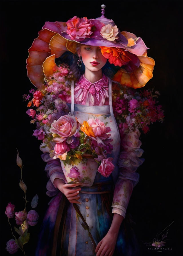 Woman in floral outfit with wide-brimmed hat holding bouquet against dark background