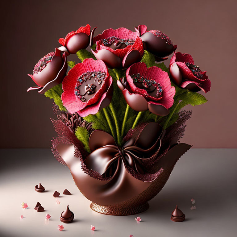 Luxurious Red Flower Bouquet with Chocolate Details on Warm Background