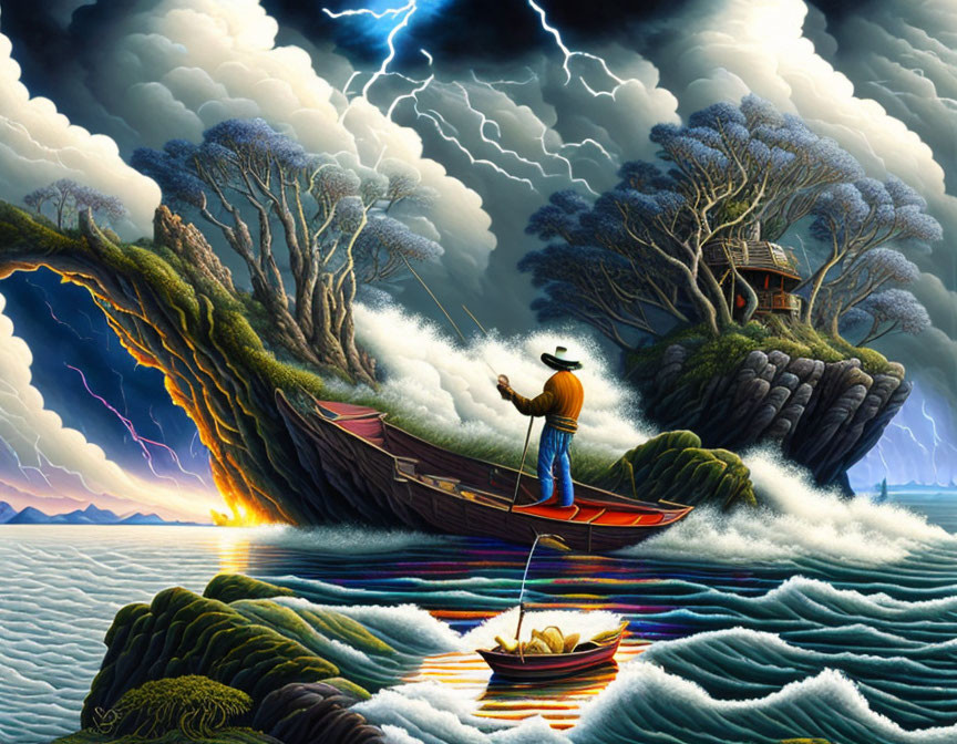 Fisherman in colorful boat at sunset amidst stormy seas and surreal landscape