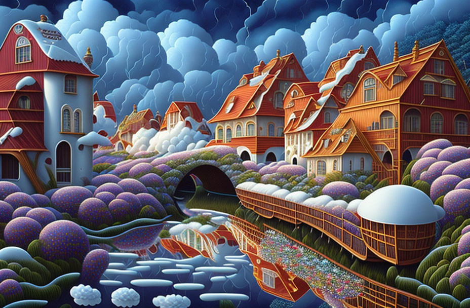 Whimsical surreal landscape with vibrant river and unique houses