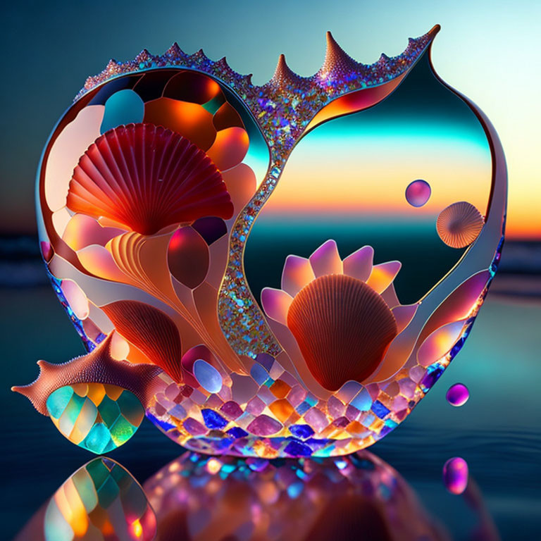 Abstract iridescent digital artwork with shell and floral motifs at sunset