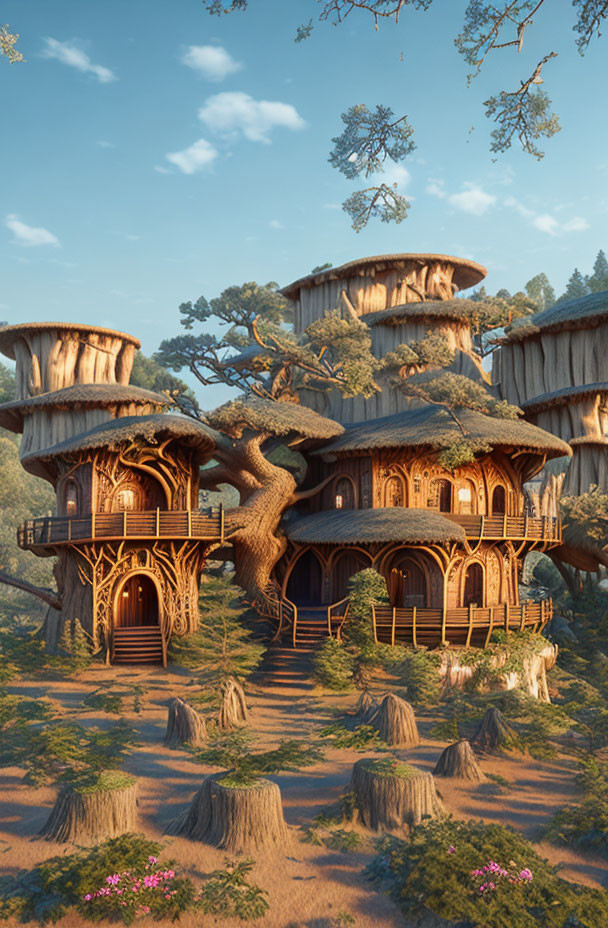 Enchanting forest treehouse with intricate wooden structures