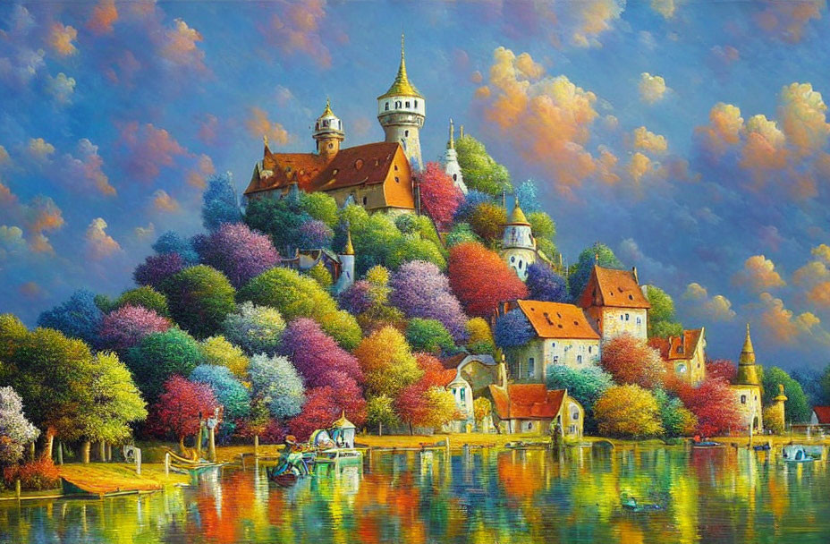 Colorful painting of fairy-tale castle on hill with autumn trees, river, boat