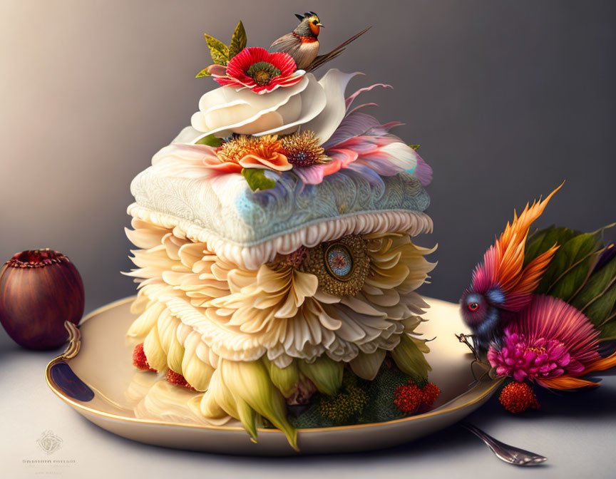 Exquisite multi-layered dessert with floral and bird decorations on plate