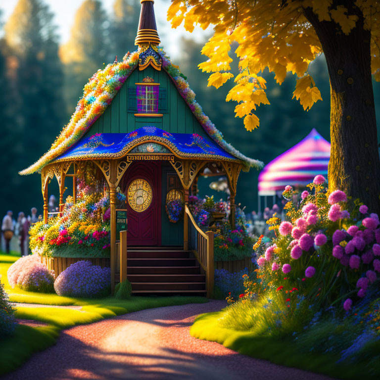 Colorful Cottage Surrounded by Vibrant Flowers in Forest Park at Dusk