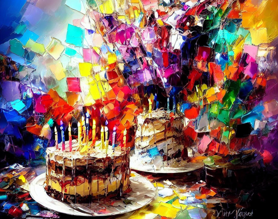 Colorful Abstract Birthday Cake Painting on Textured Background