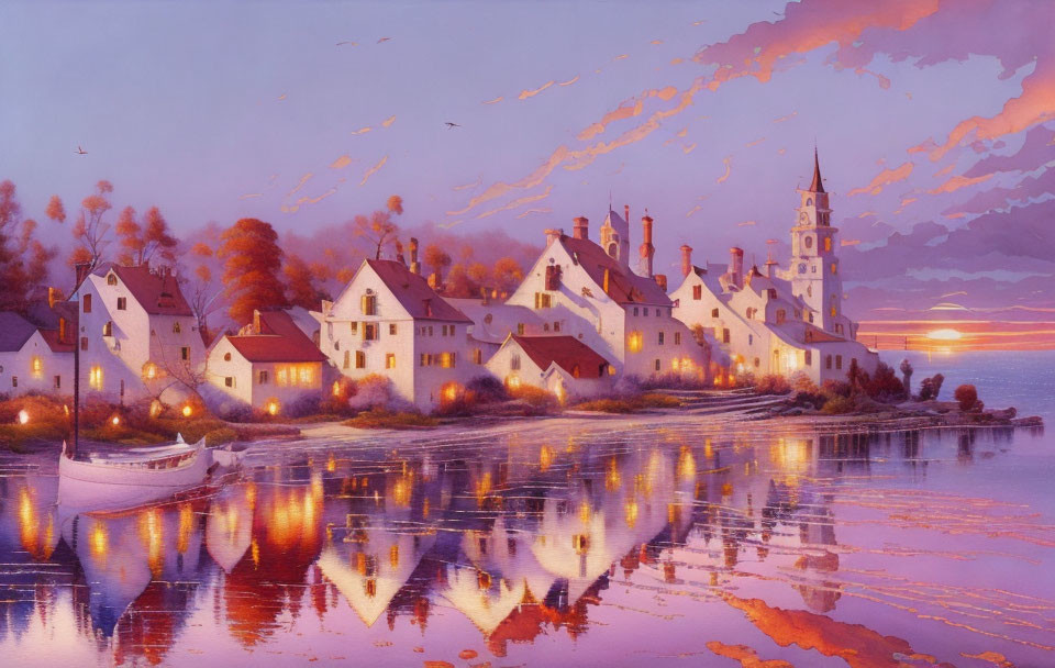 Tranquil sunset village painting with pink clouds and calm water