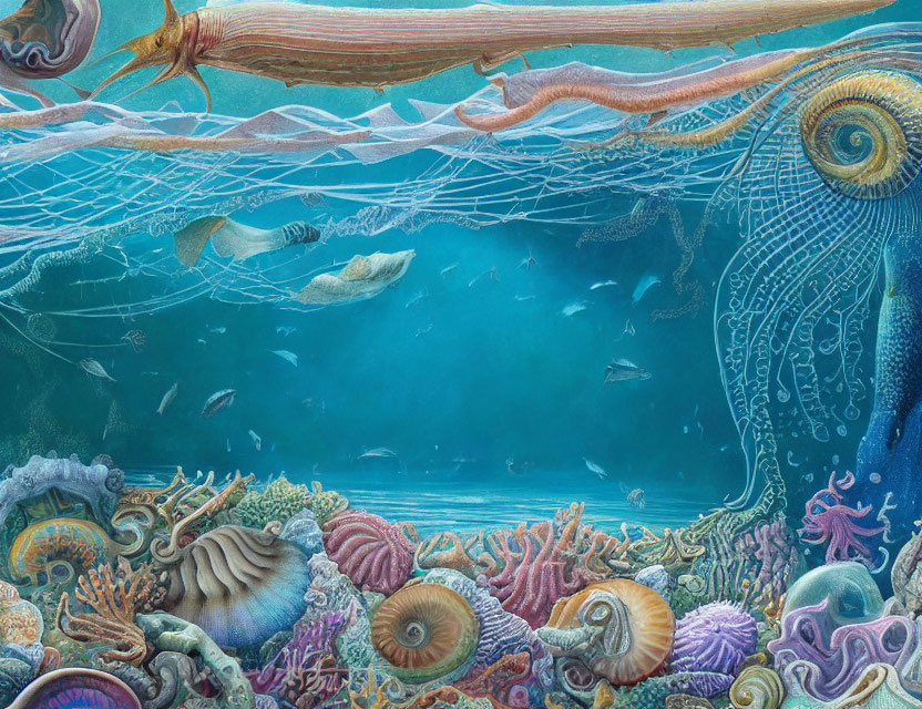 Colorful marine life in vibrant underwater scene with coral and sea plants