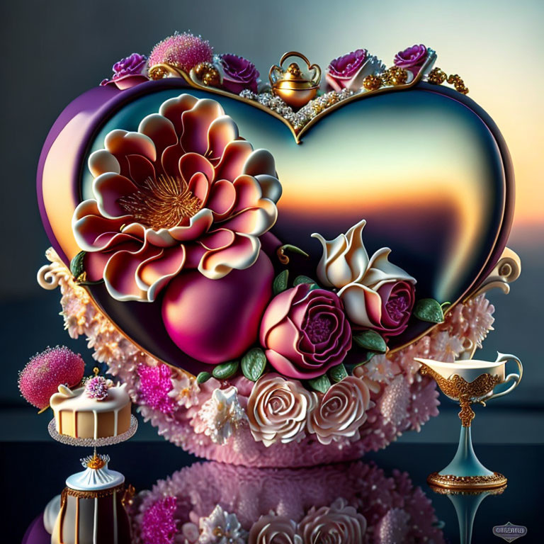 Digital artwork: Heart with flowers, jewels, teacups - rich colors, intricate details, romantic