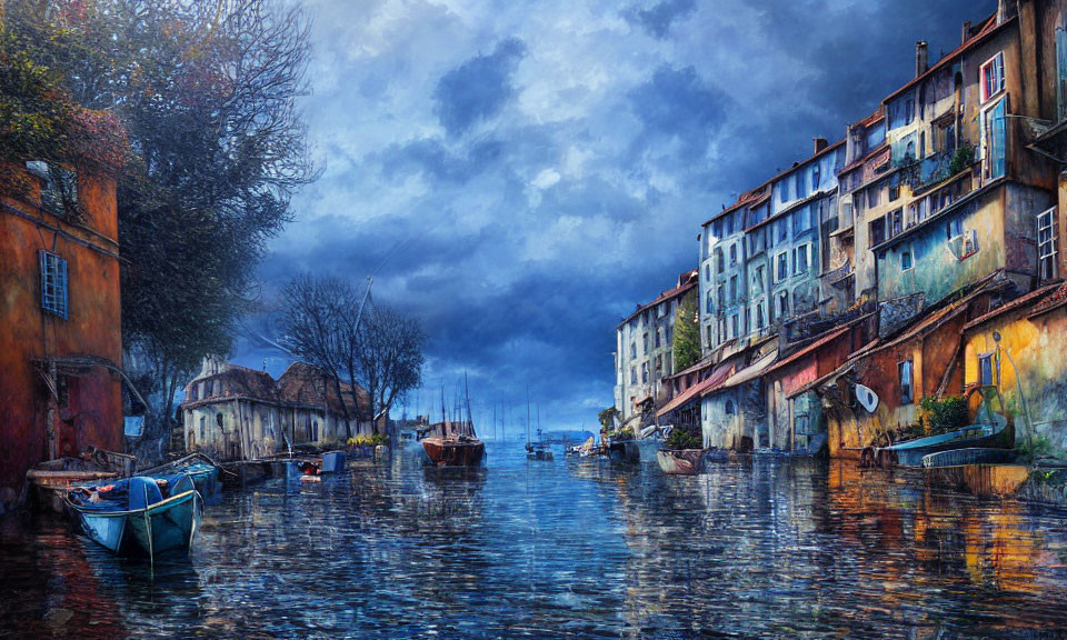 Vibrant riverside houses under dramatic sky with moored boats