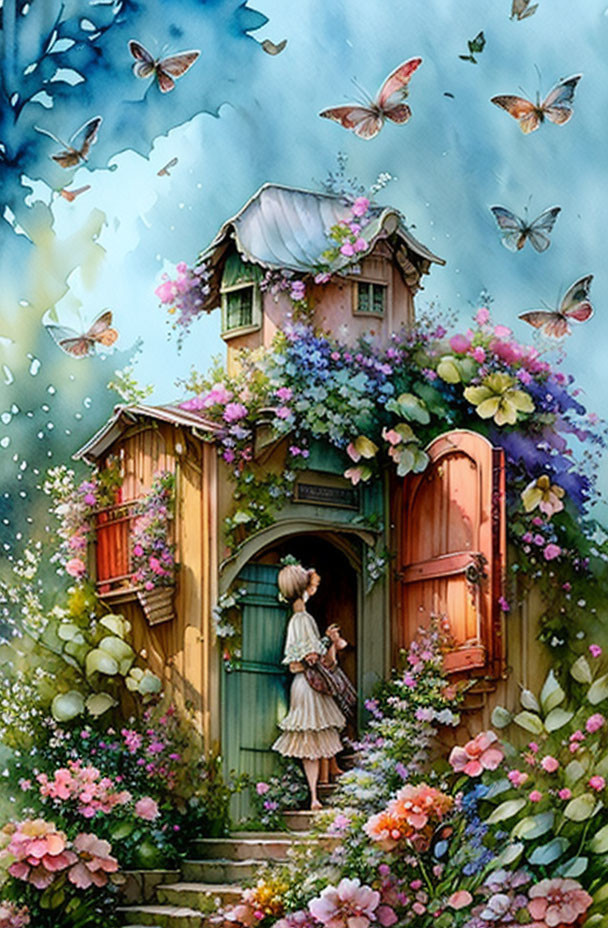 Illustration of girl in flower-covered treehouse with butterflies