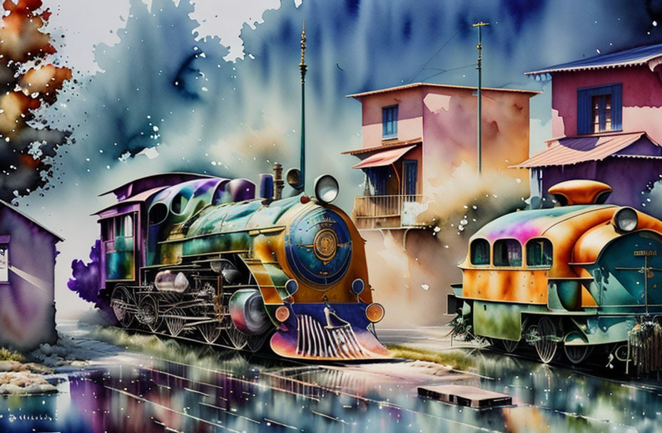 Colorful watercolor painting of vintage steam locomotive at station