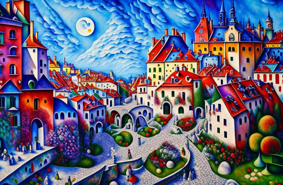 Colorful whimsical village painting with curvy architecture, lush greenery, and swirling sky.