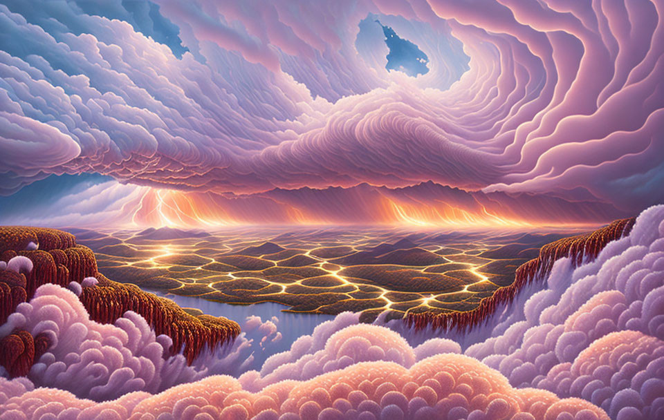 Vibrant surreal landscape with purple clouds, lightning, and golden vein-like patterns