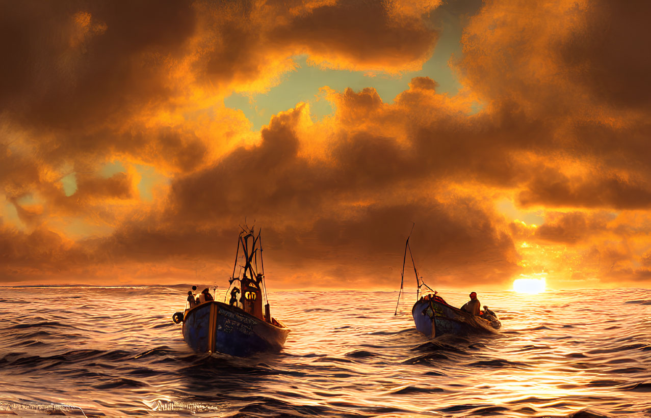 Fishing boats on wavy sea at sunset with vivid orange sky