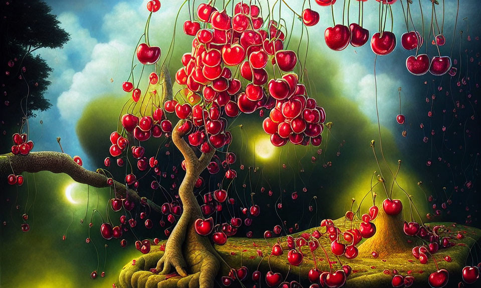 Whimsical tree illustration with oversized red cherries in dreamy forest setting