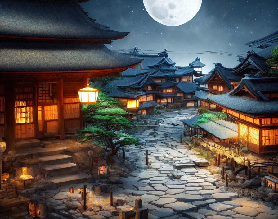 Night scene of illuminated traditional Japanese village with cobblestone paths and classic architecture under full moon