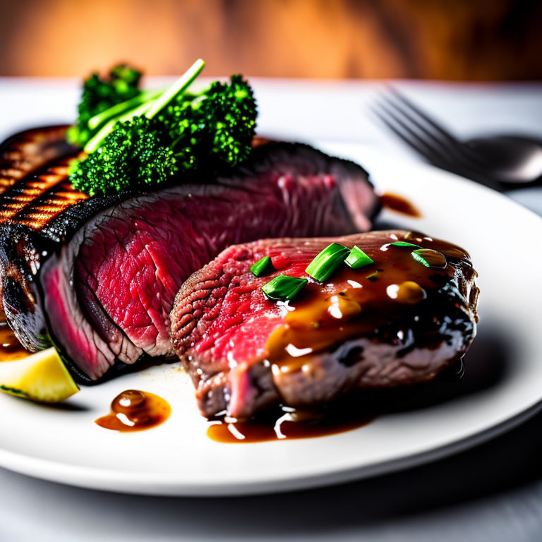 Medium-Rare Steak with Grill Marks, Broccoli, Green Onions, and Glaze on White