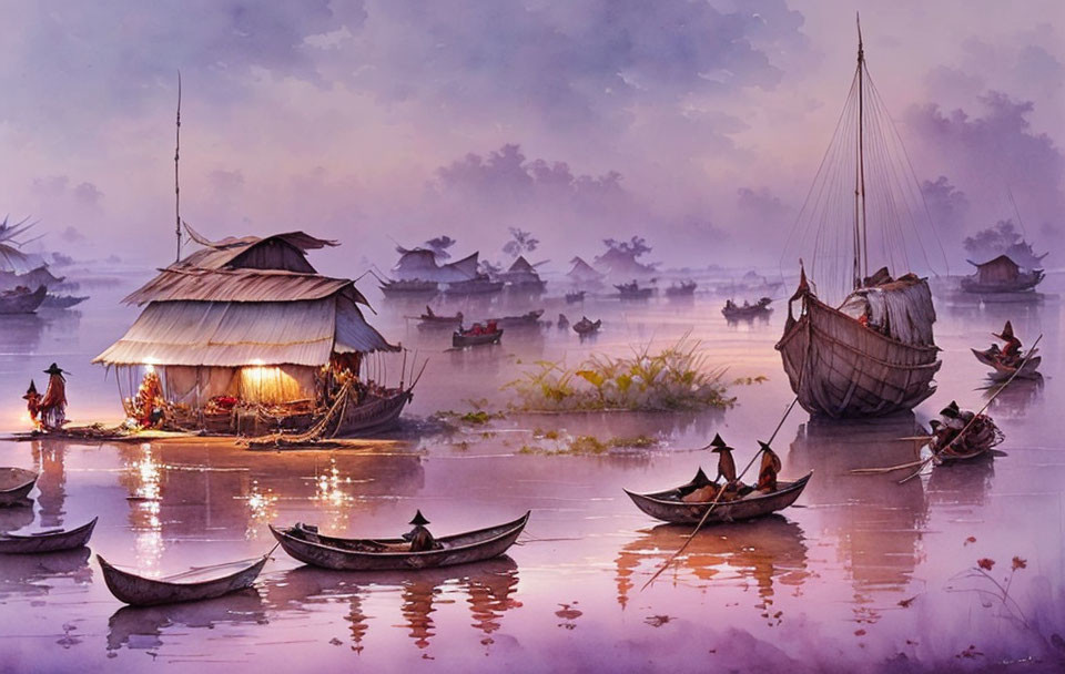 Tranquil watercolor painting of river scene with floating houses at dawn or dusk