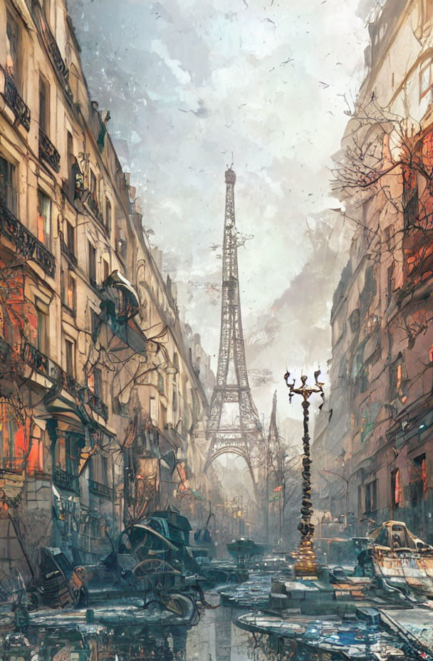 Post-Apocalyptic Paris Street Scene with Eiffel Tower and Abandoned Vehicles