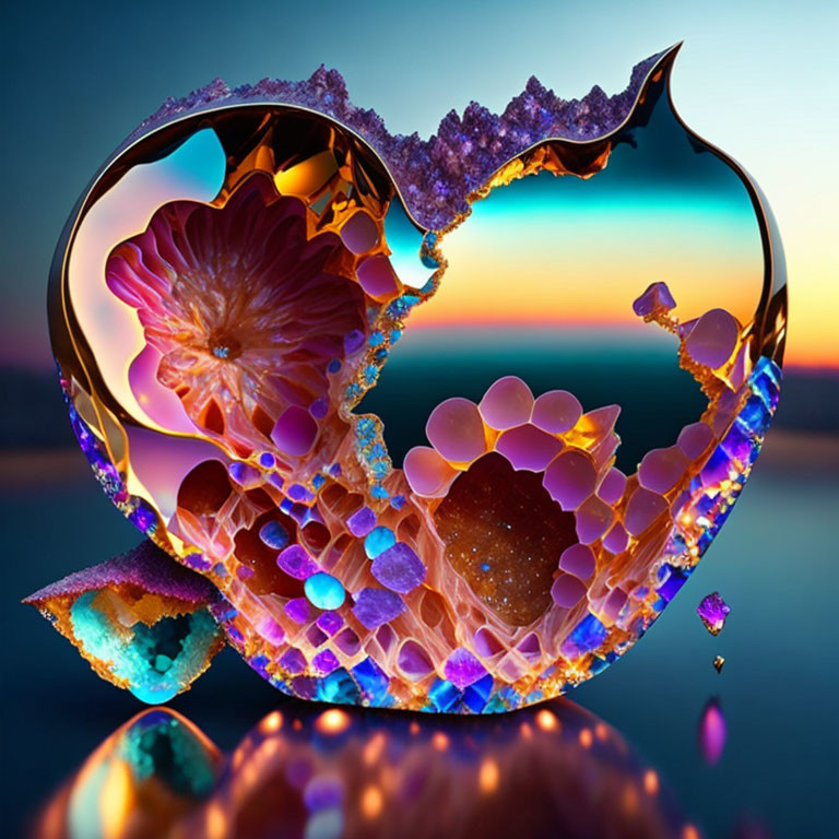 Colorful Digital Art: Fractal Glass Nautilus Shell in Sunset Setting