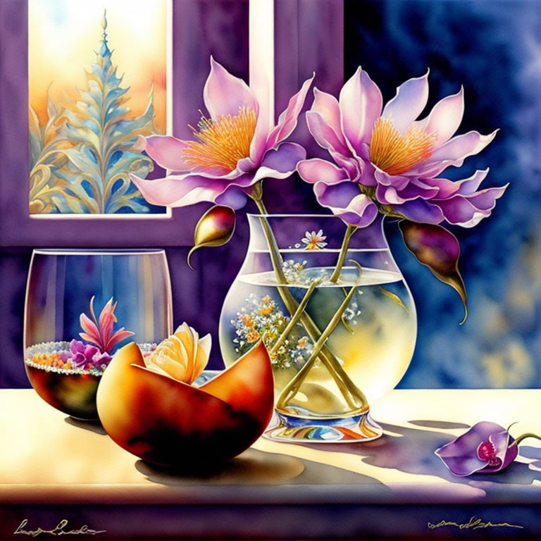 Colorful Still Life Painting: Glass Vase, Pink Lotus Flowers, Peach Bowl, Winter Scene