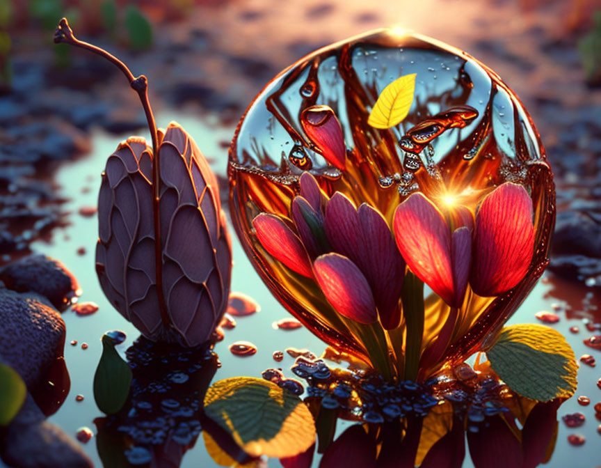 Digital Artwork: Droplet with Flowers, Seed Pod, and Leaves on Pebbles at Twilight