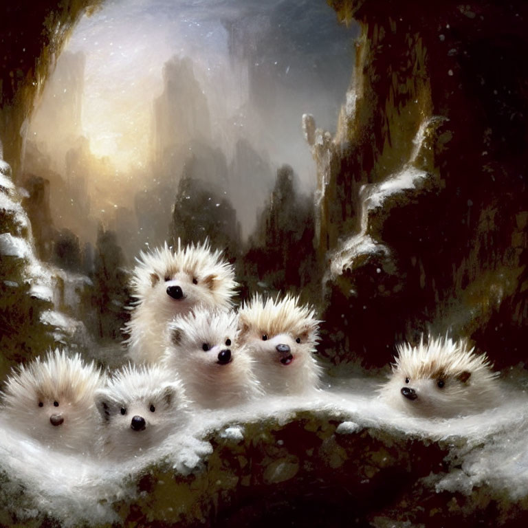 Six fluffy hedgehogs with sparkling eyes in snowy forest scene