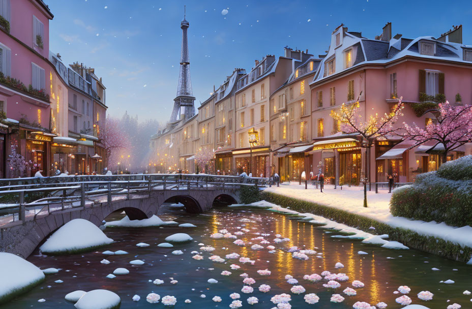 Paris Twilight Scene: Eiffel Tower, Snow-Covered Streets, Pink Trees