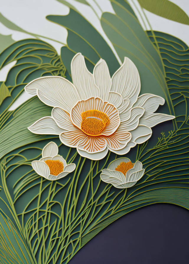 Layered Paper Art: White and Orange Flowers with Detailed Petals