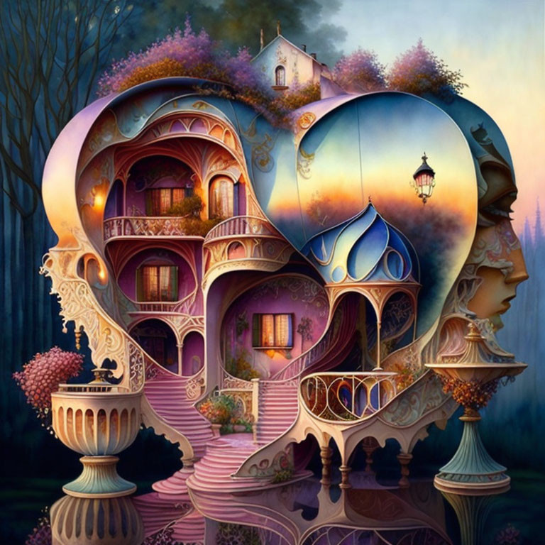 Colorful surreal artwork: Merged face profiles form whimsical building