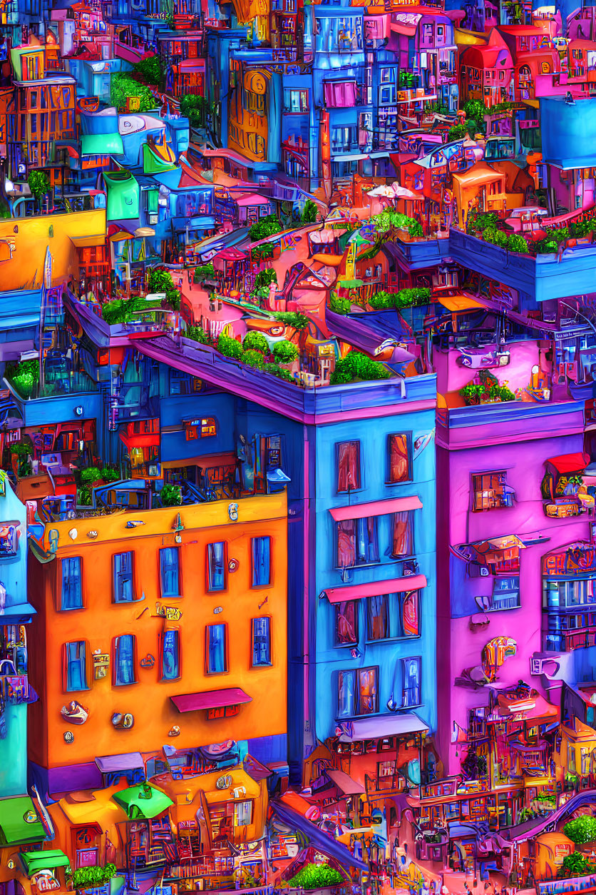 Colorful digital artwork of whimsical buildings with unique architecture.