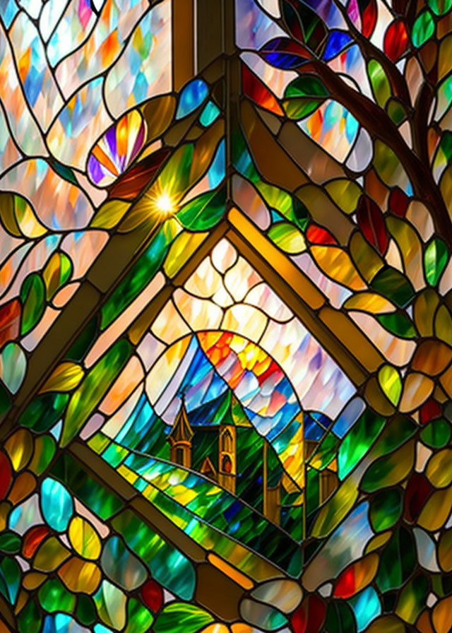 Colorful stained glass window with leaf pattern and church scene.