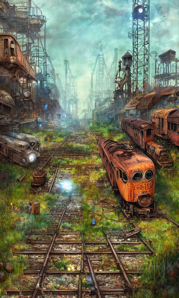 Dystopian scene of rusty trains and industrial ruins in sepia-toned sky