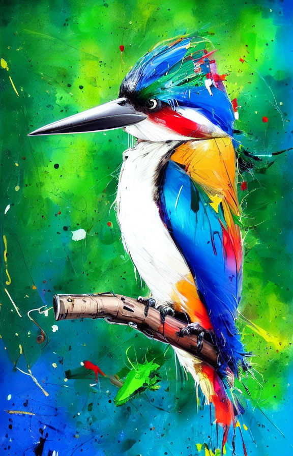 Colorful Abstract Painting: Bird with Long Beak on Branch